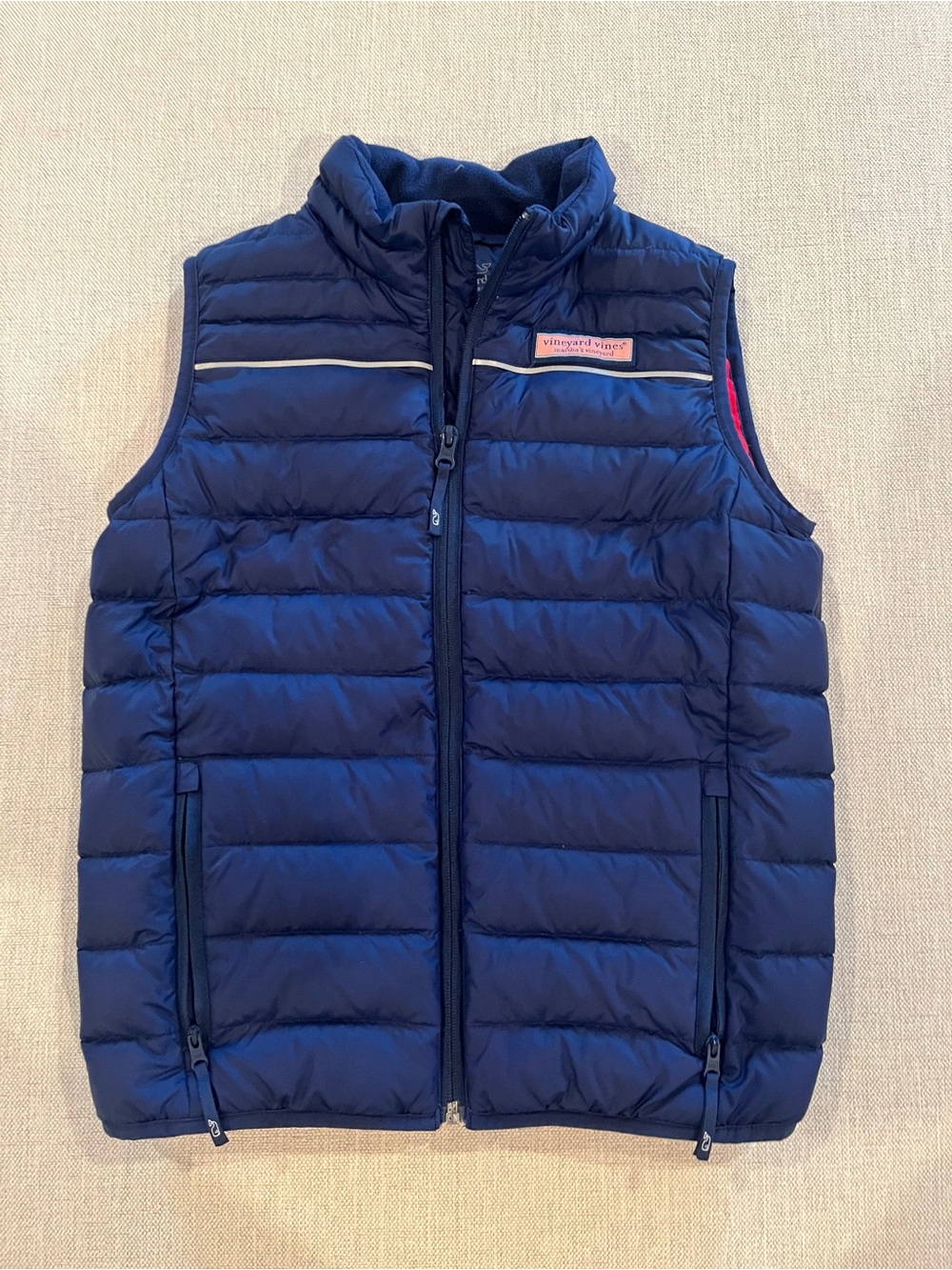 Vineyard Vines Navy Puffer Vest with Pink Logo Patch - Kids